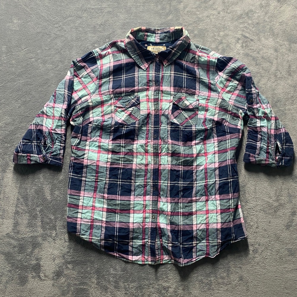 Arizona Jean Co Button Down Shirt Womens 1X Plaid Navy Pink Teal Roll Tab Sleeve